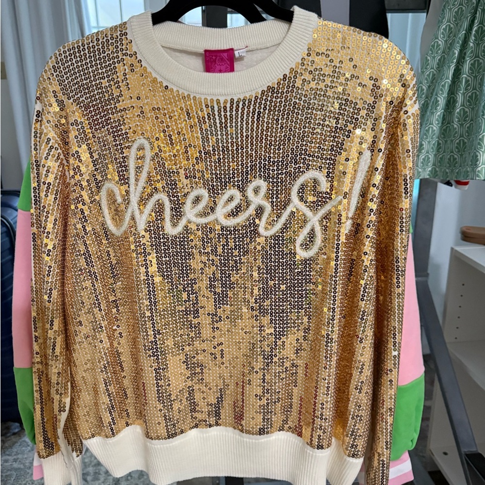QUEEN OF SPARKLES Gold Sequin 'Cheers' Sweater